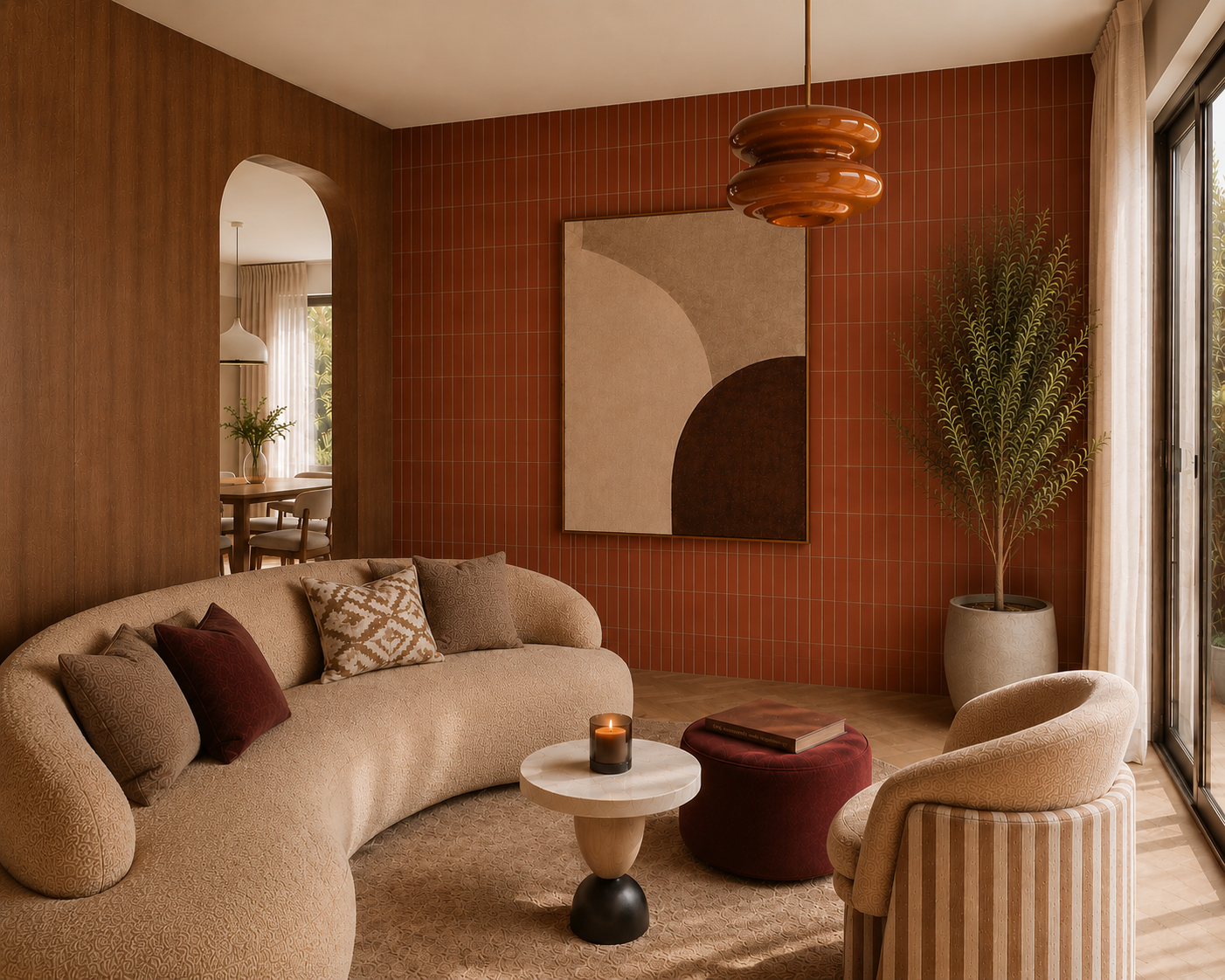 A living room with a curved beige sofa with decorative pillows, a small round white marble coffee table with a candle, a red ottoman, an armchair with striped upholstery, a large potted plant, a red wall with geometric art, a geometric brown pendant light, a sliding glass door with curtains, and a view of a dining area with a vase of flowers.