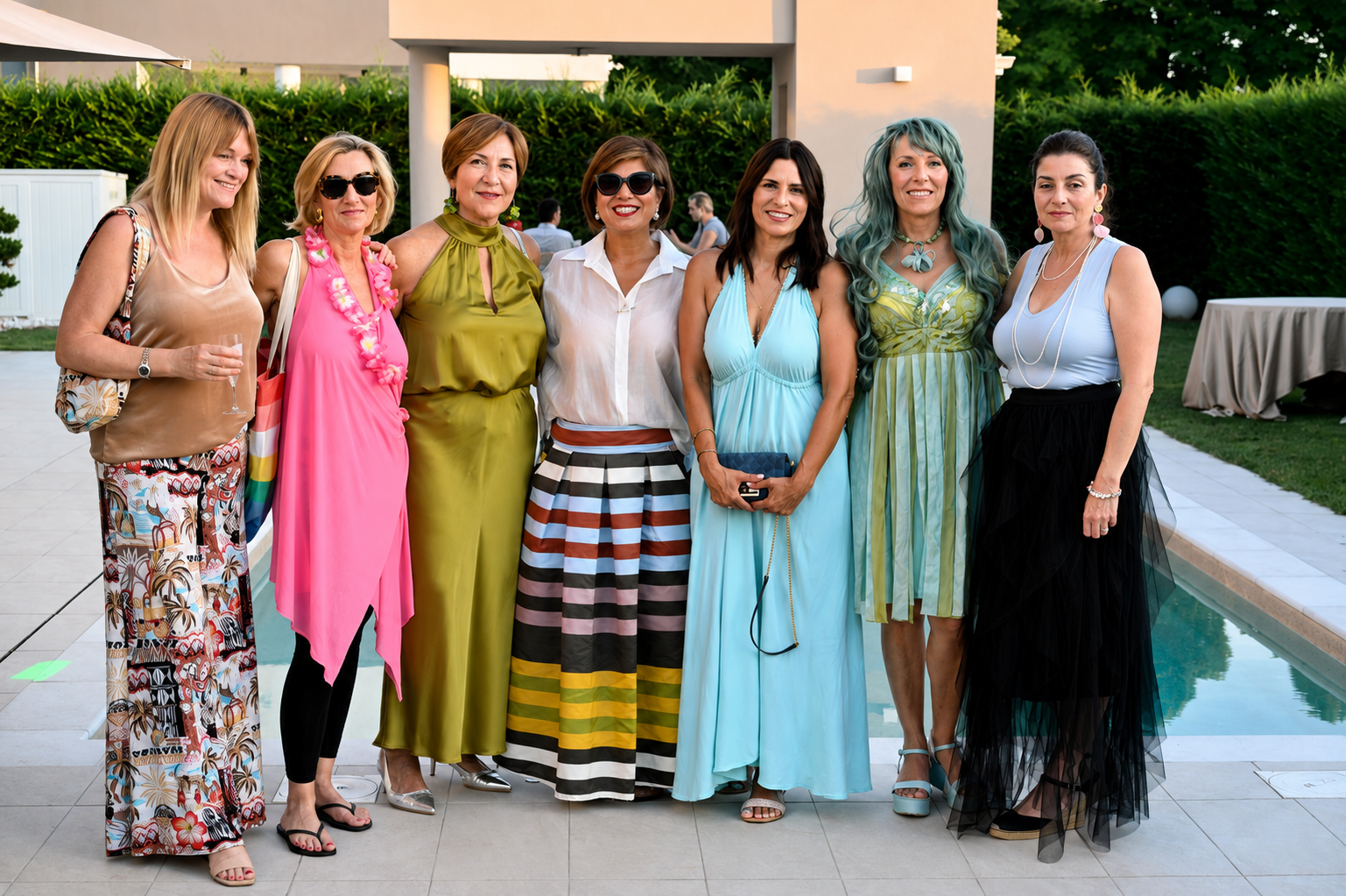 Elegantly dressed members posing poolside at an outdoor evening event in Padova.