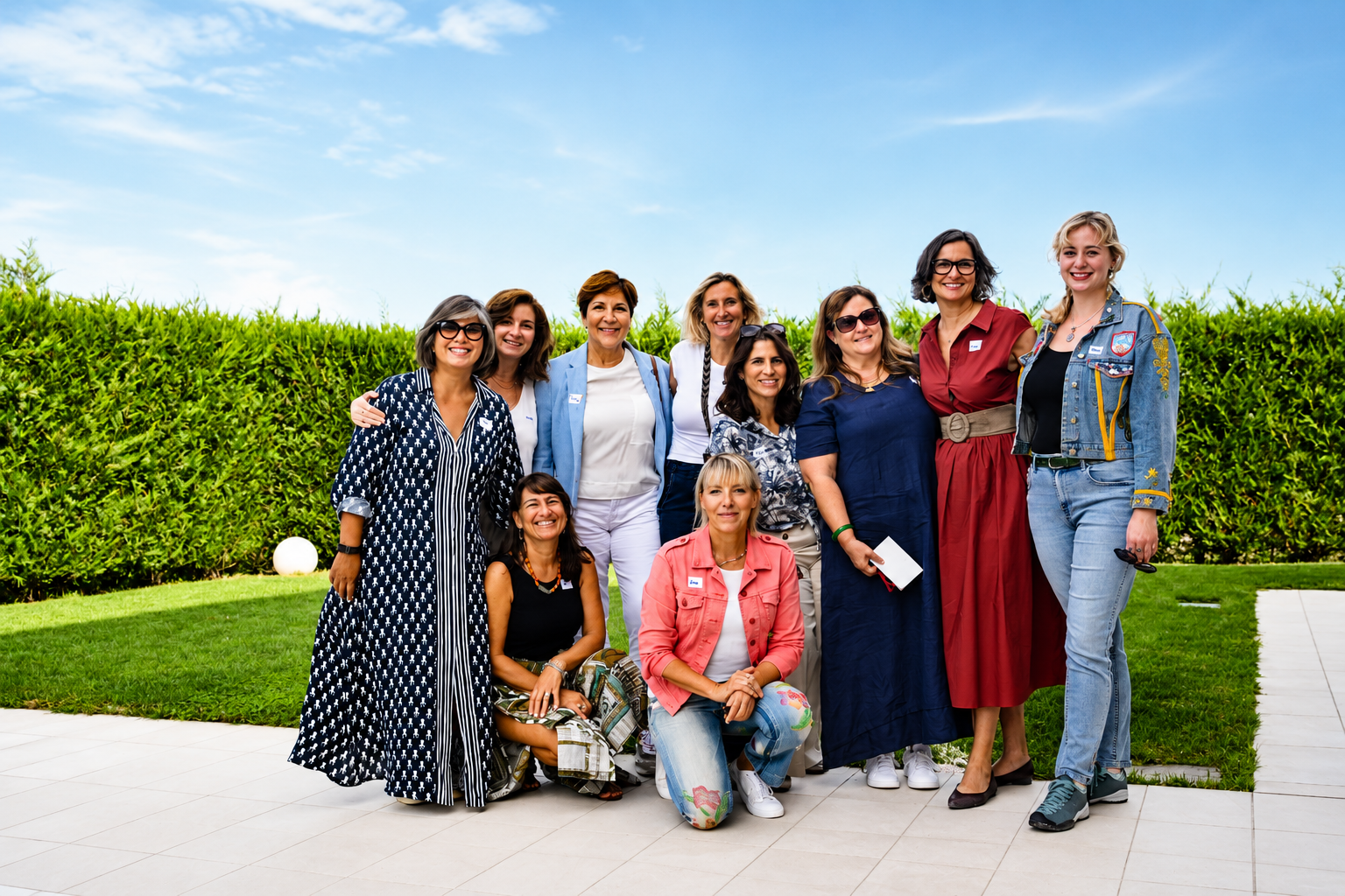 Group of women posing outdoors on a sunny day near a hedge and blue sky.