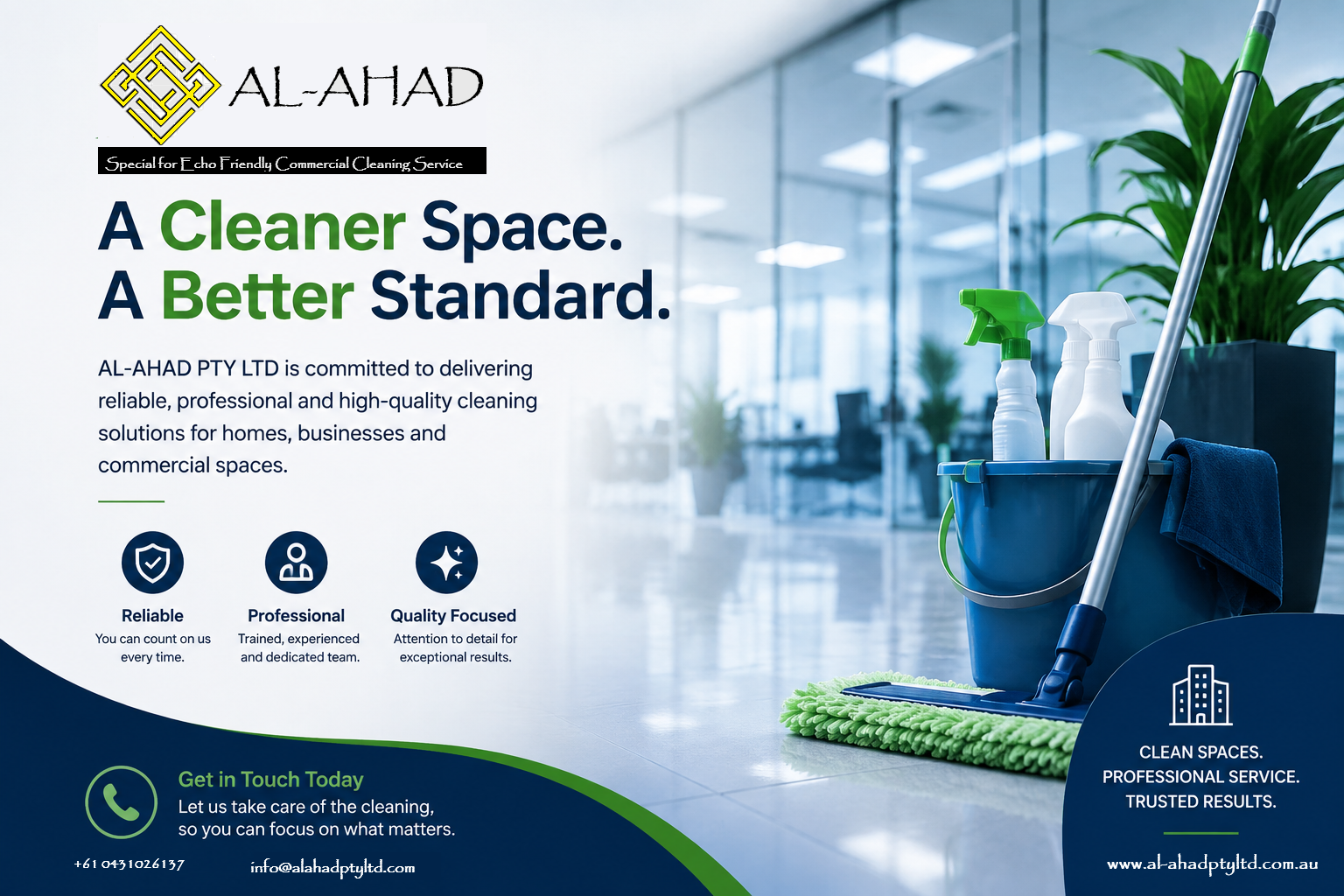 Flyer for AL-AHAD PTY LTD cleaning service with a Mop and bucket in a modern office, promoting professional, reliable, and high-quality cleaning solutions.