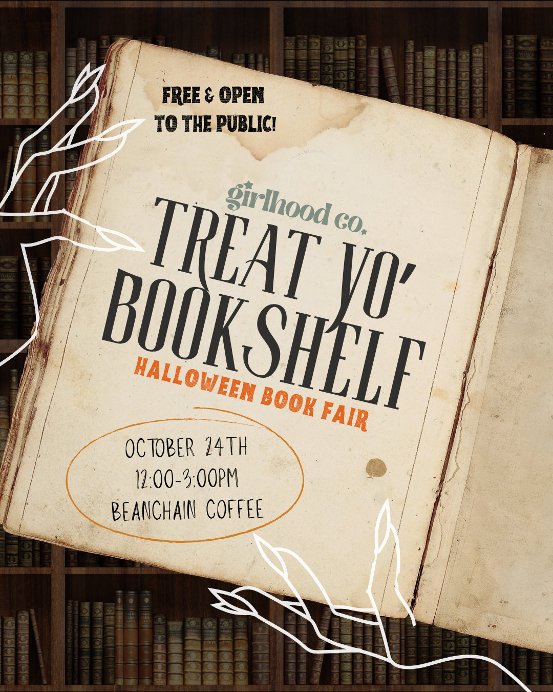 Treat Yo' Bookshelf event graphic with Open blank book held by outlined hands