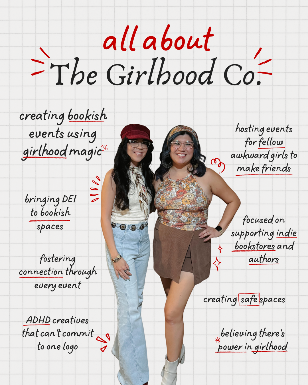 A graphic featuring two women smiling, with handwritten notes about The Girlhood Co. on a grid background. The notes mention creating bookish events, hosting for fellow girls, supporting indie bookstores, fostering connection, and creating safe spaces.