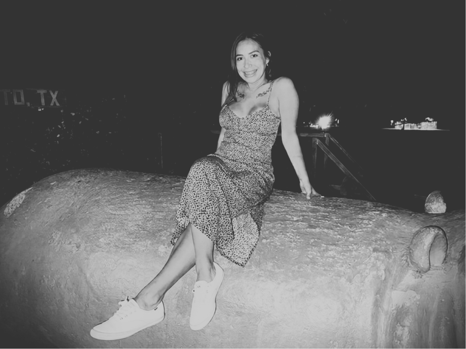 A woman in a leopard print dress with white sneakers sitting on a large log at night, smiling at the camera, with dark background and some distant lights.