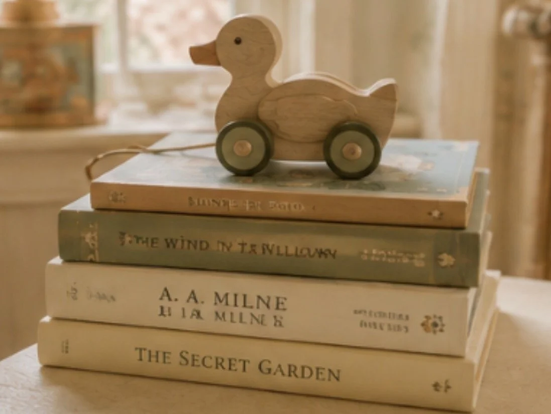 Stack of four vintage books with a wooden toy duck on top, placed on a table in a cozy room.