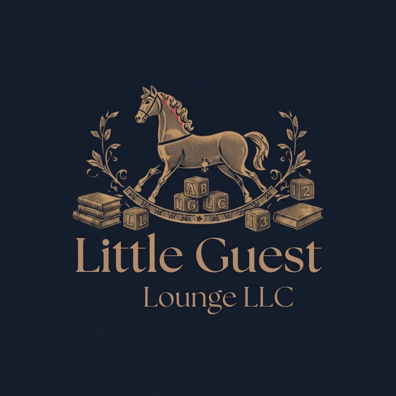 Logo for Little Guest Lounge LLC featuring a vintage-style horse, books, wooden alphabet blocks, and decorative foliage on a dark background.