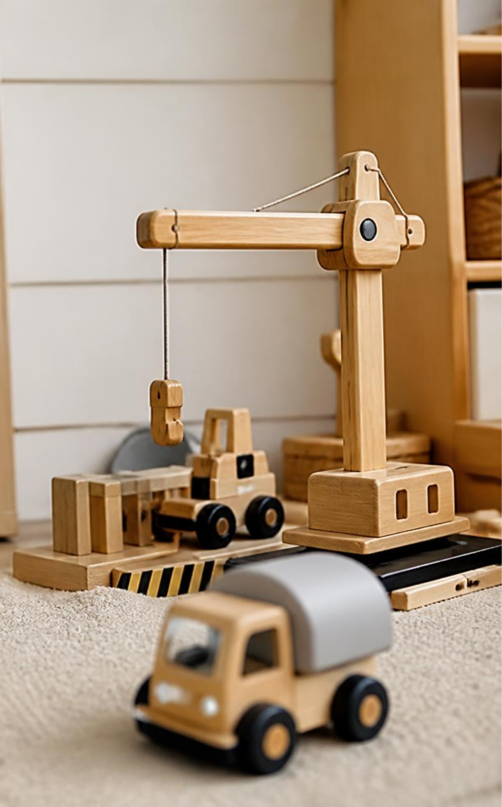 Wooden toy construction playset with crane, excavator, and truck on a beige carpet.