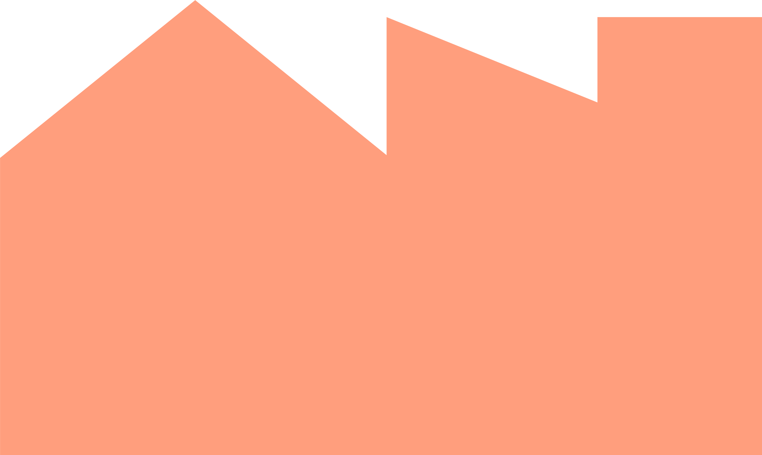 Abstract geometrisch patroon van een huis in lichtoranje en zwart met driehoekige en rechthoekige vormen.