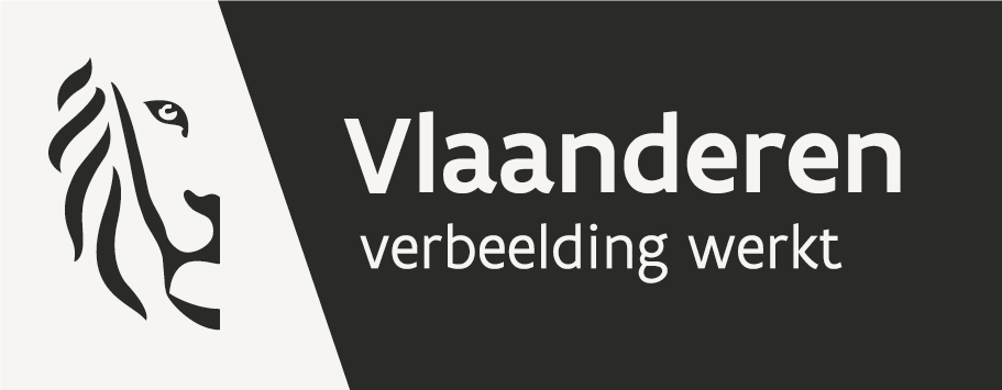 Vlaanderen verbeelding werkt zwart with logo met afbeelding van een gestileerde leeuw
