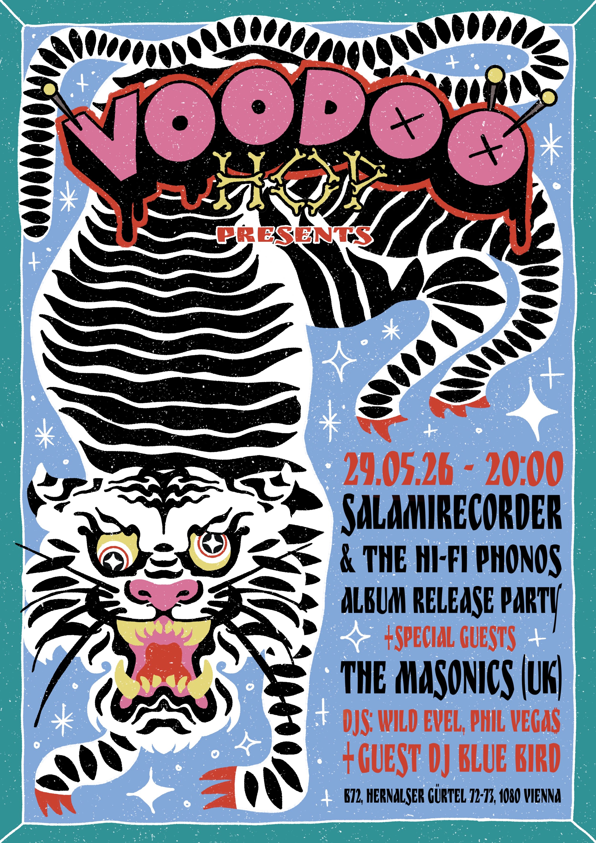 Voodoo Hop concert poster featuring a hand-drawn tiger in blue, black, red and white.