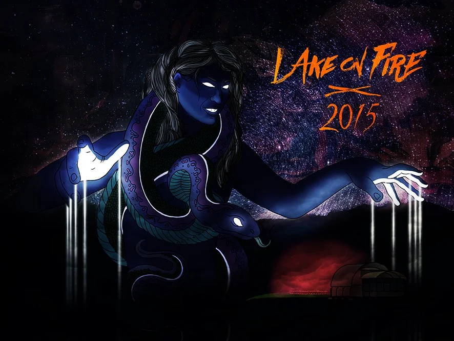 Lake on Fire Festival 2015 illustration featuring a dark puppeteer figure controlling the festival attendees.