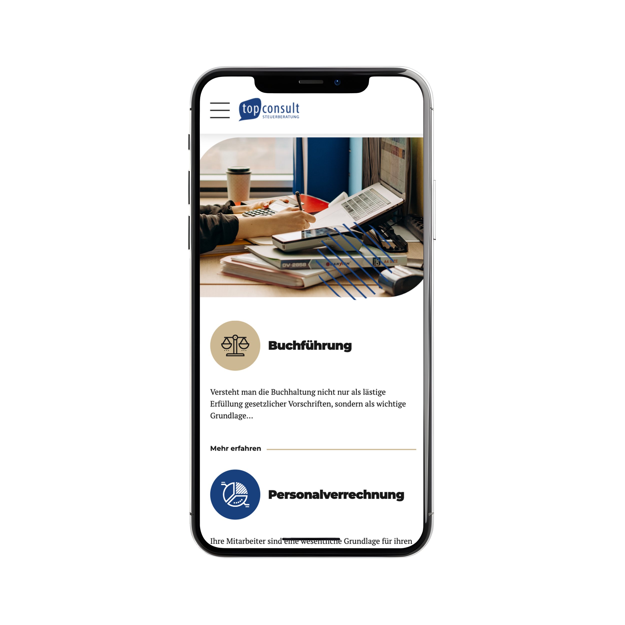 Responsive Topconsult website design shown on mobile.