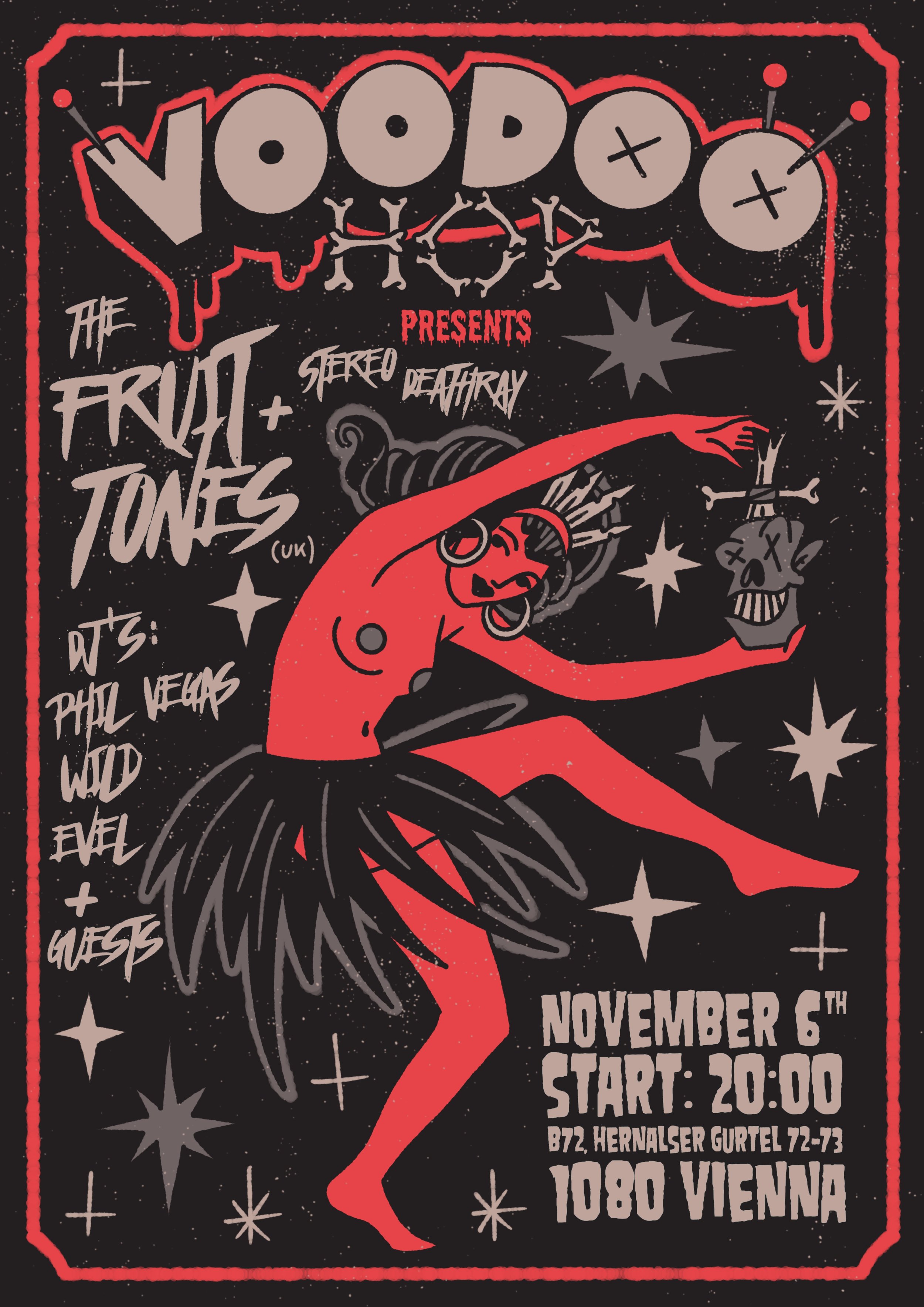 Voodoo Hop concert poster featuring a dancing voodoo priestess holding a skull in red and black.