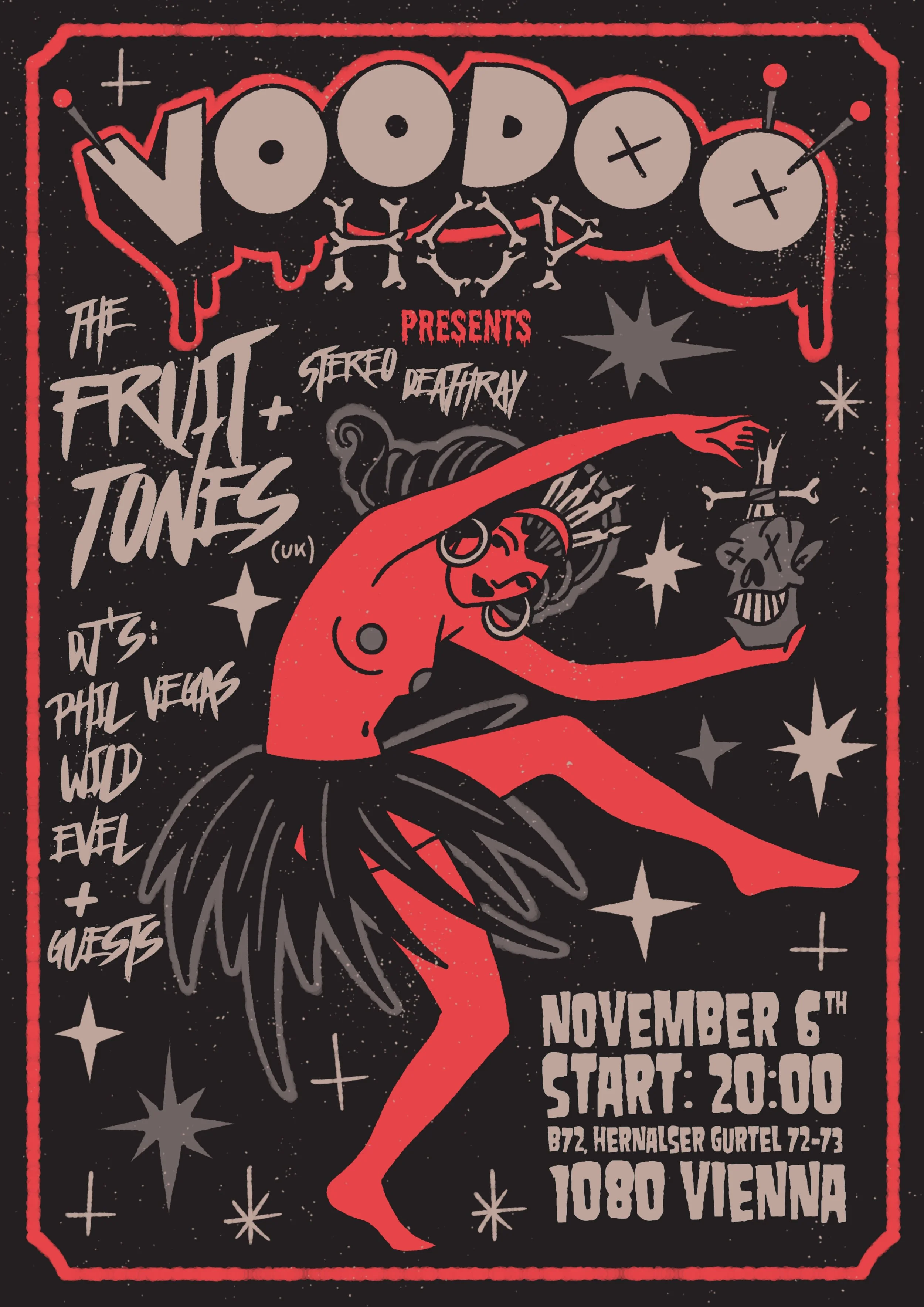 Voodoo Hop concert poster featuring a dancing voodoo priestess holding a skull in red and black.
