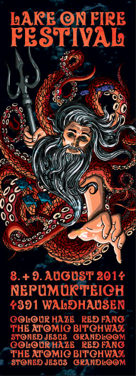 Lake on Fire Festival 2014 ticket designfeaturing an illustrated sea god surrounded by octopus tentacles.