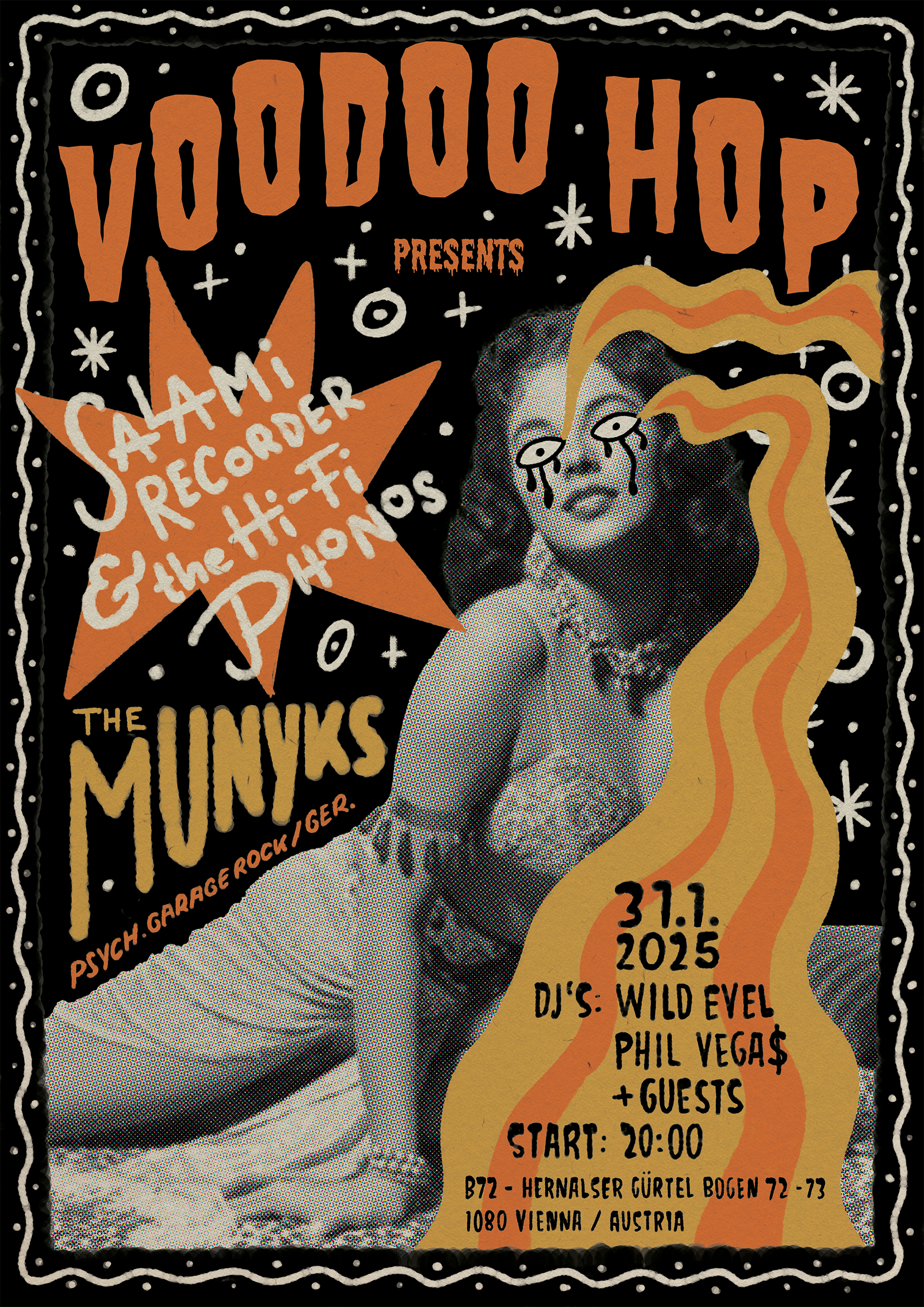 Voodoo Hop concert poster featuring a vintage photo of a woman, bold orange lettering and hand-drawn graphics.