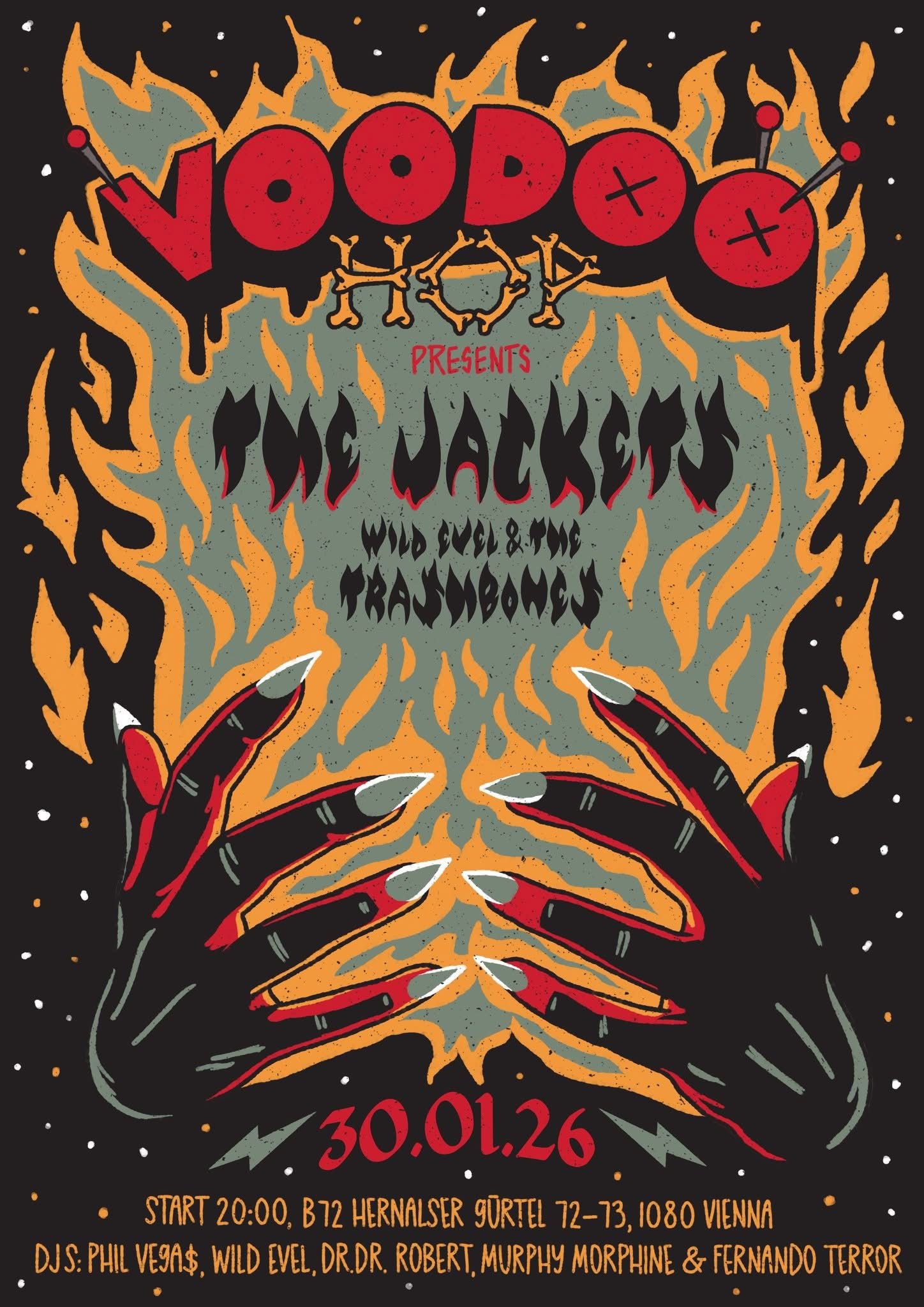 Voodoo Hop concert poster featuring illustrated hands surrounded by flames in orange, red and black.