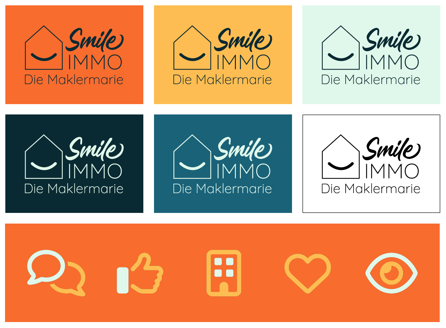 Smile Immo logo and visual identity showing colour variations and brand elements.