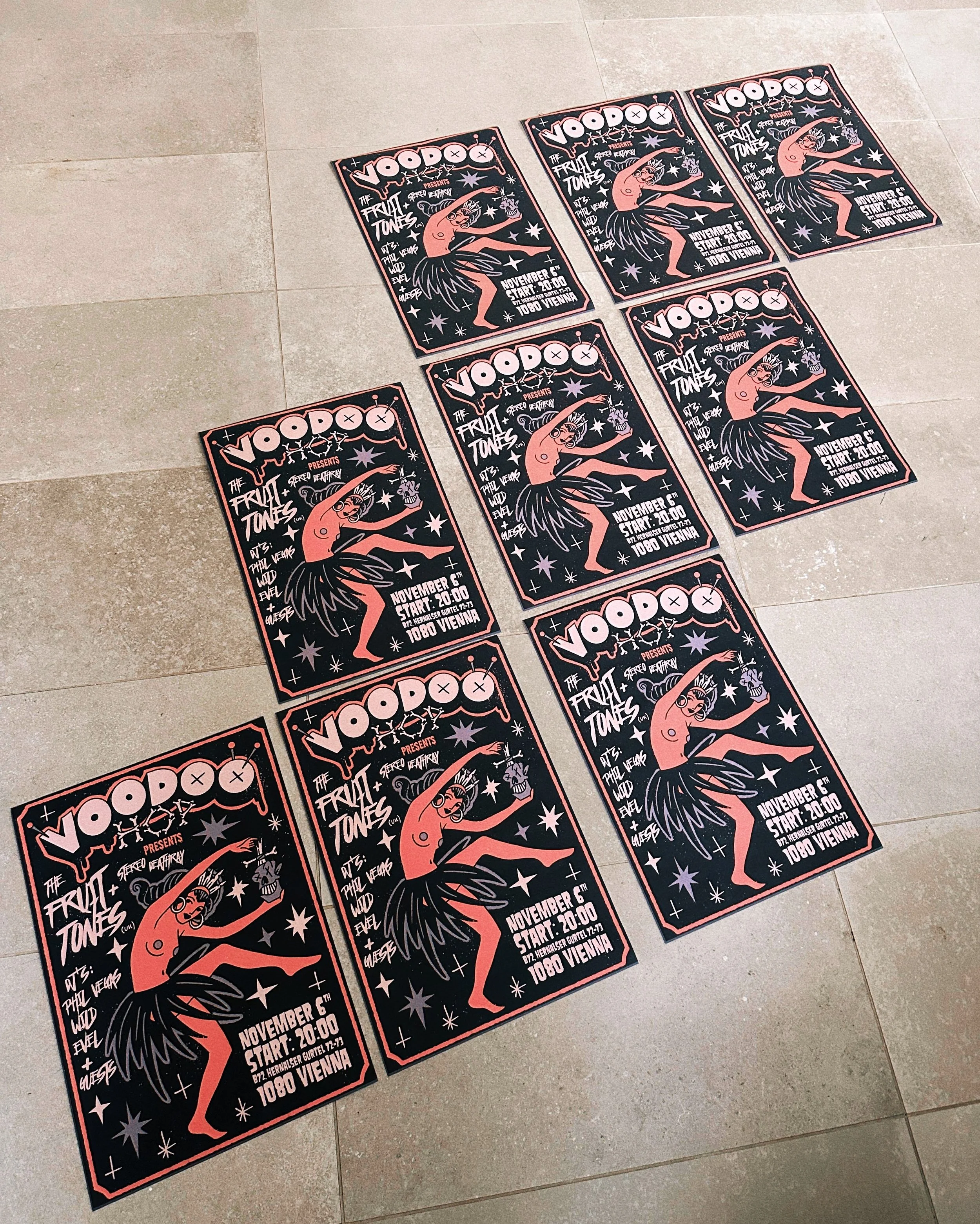 Printed Voodoo Hop posters featuring the illustrated design.