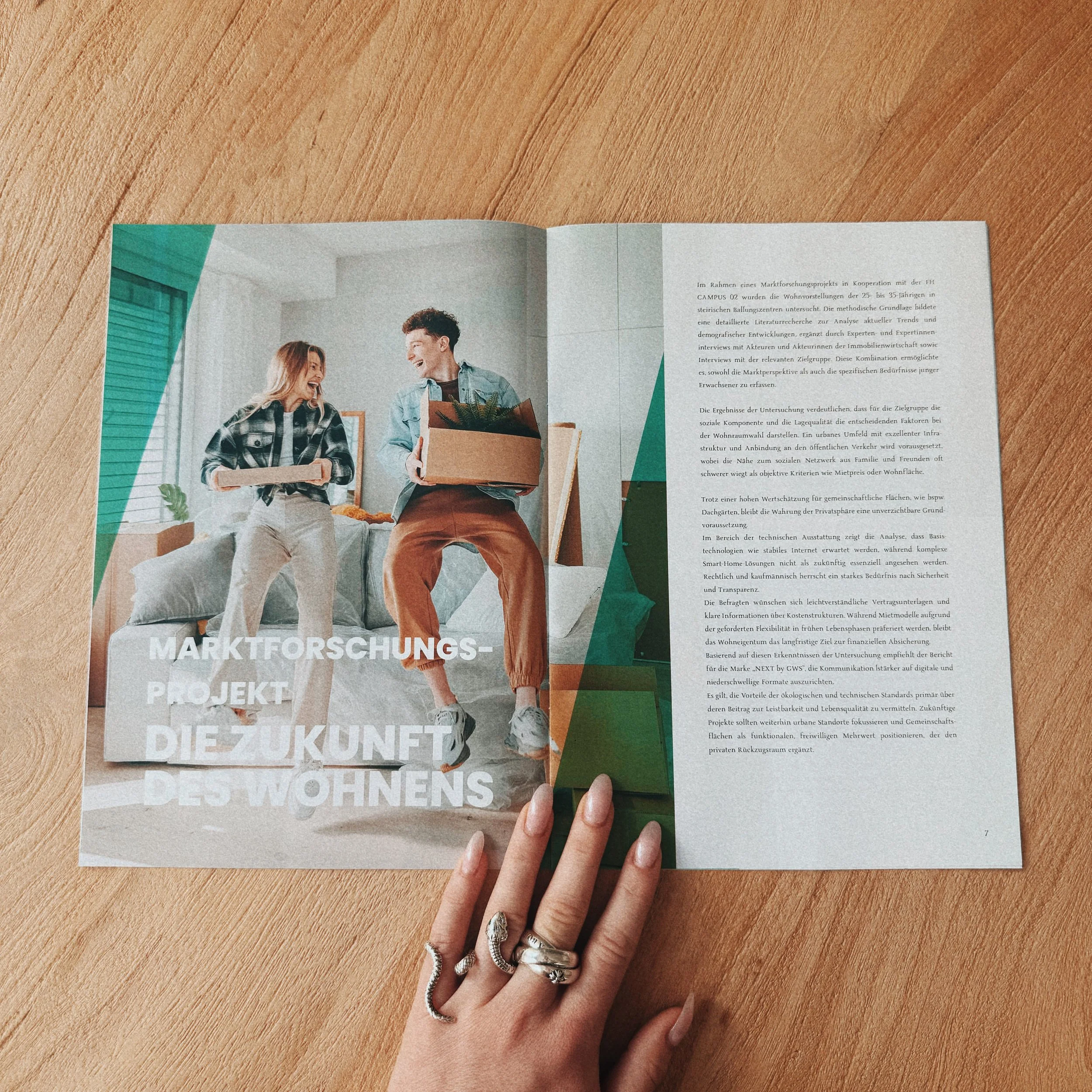 Open GWS customer magazine showing the editorial layout and typography.