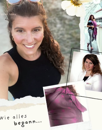 Ein Collage mit Fotos einer Frau, die lächelnd in verschiedenen Situationen posiert, mit blühenden Pflanzen im Hintergrund, und deutschen Text, der sagt: 'Wie alles begann...'.