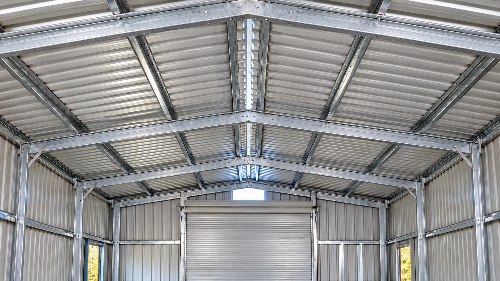Steel shed interior with exposed roof framing and a roller door