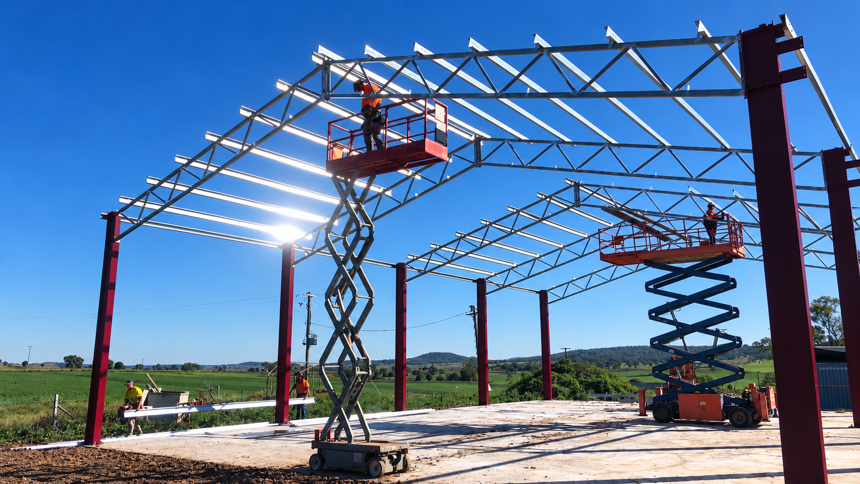 Steel shed frame under construction with elevated work platforms