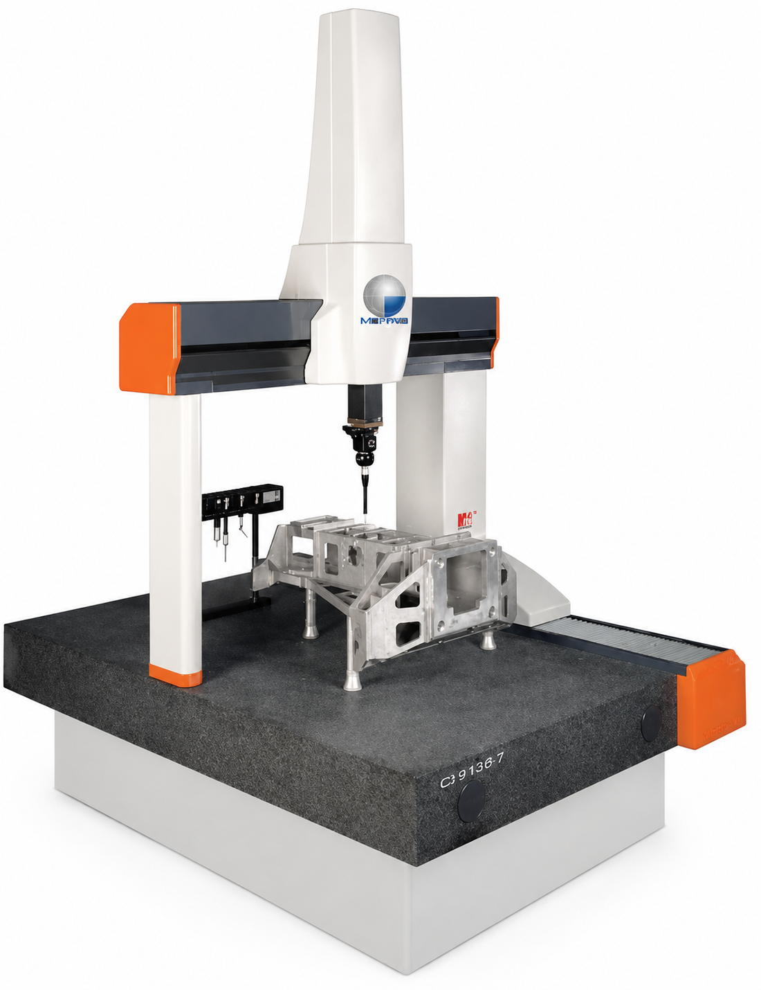 Coordinate measuring machine (CMM) with a metal workpiece on the granite base.