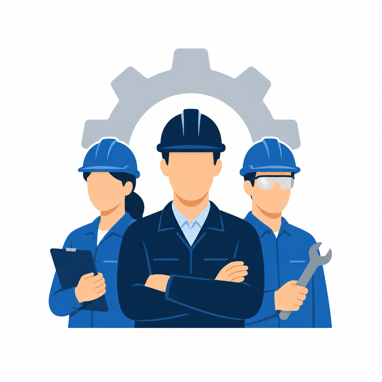 Illustration of three workers wearing blue uniforms and safety helmets, with a gear symbol in the background, indicating manufacturing or engineering roles.