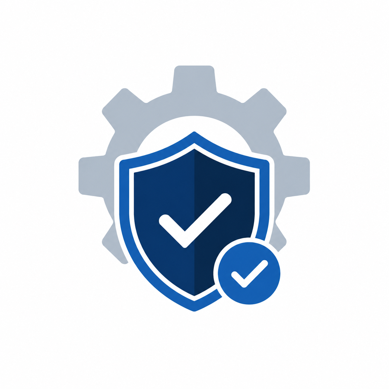 Security shield with checkmarks in front of a gray gear icon, symbolizing security and system protection