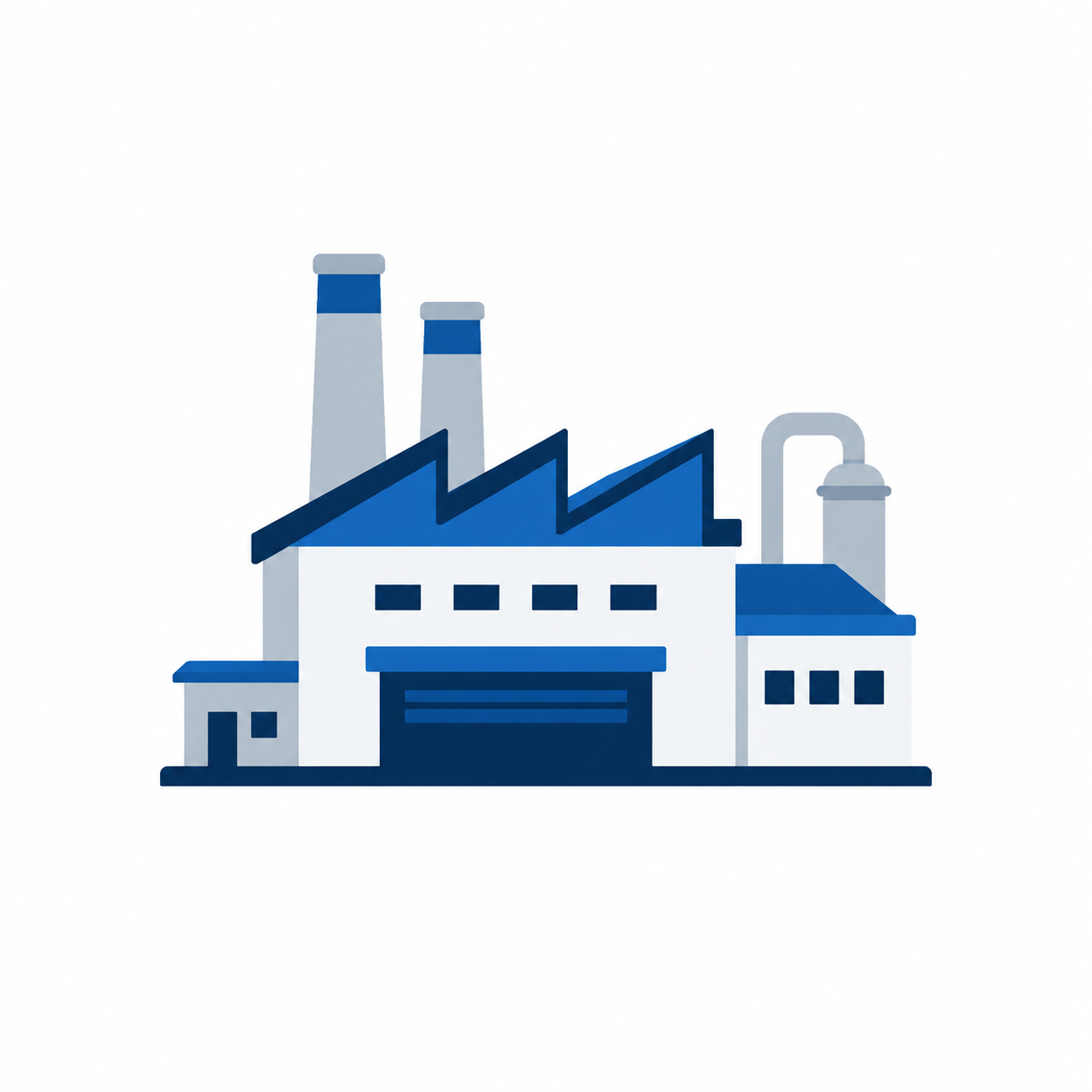 Illustration of a factory building with smokestacks and industrial piping in shades of blue and gray.