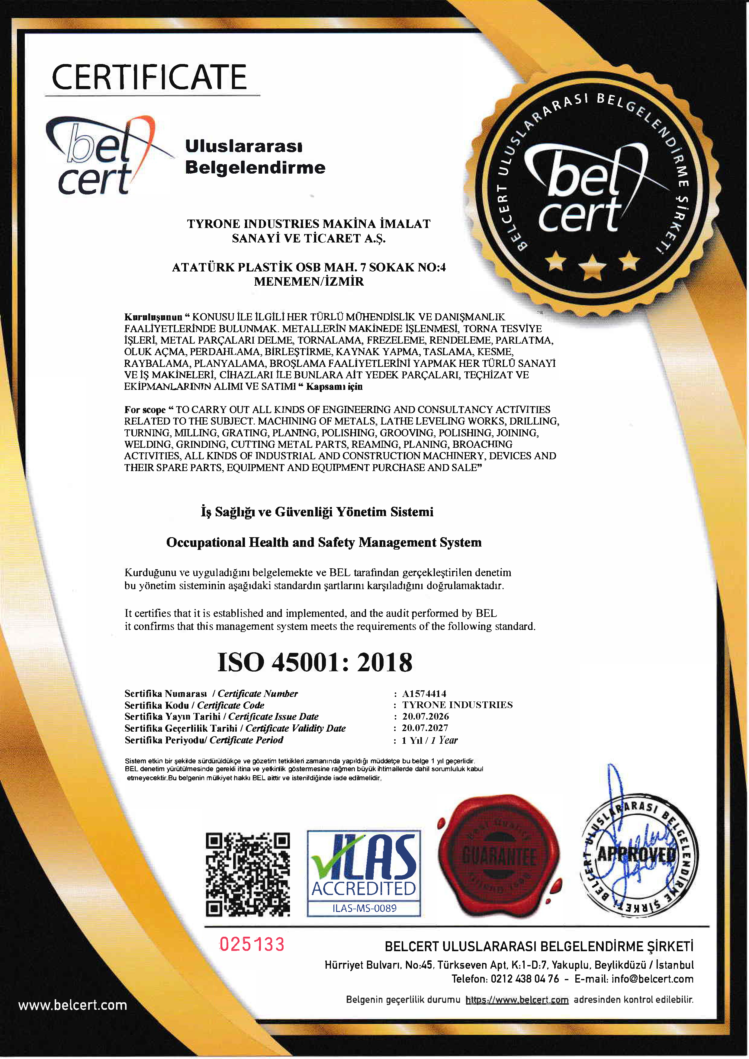 Certification document for Belcert company, with various official stamps, QR code, and information in Turkish and English, including the company address and contact details.
