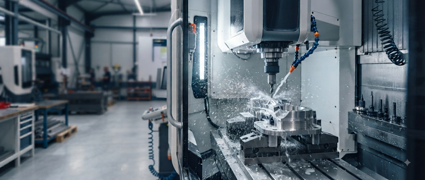 A CNC milling machine machining a metal part in an industrial workshop.