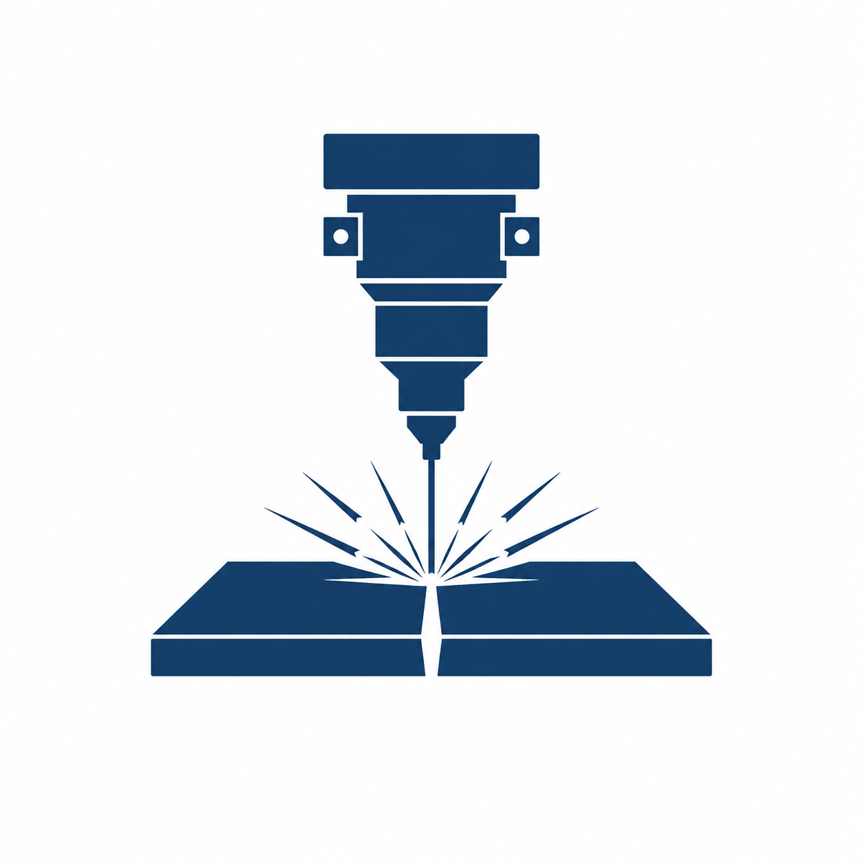Illustration of a laser cutting machine emitting a focused laser beam onto material, creating sparks and a cut line.