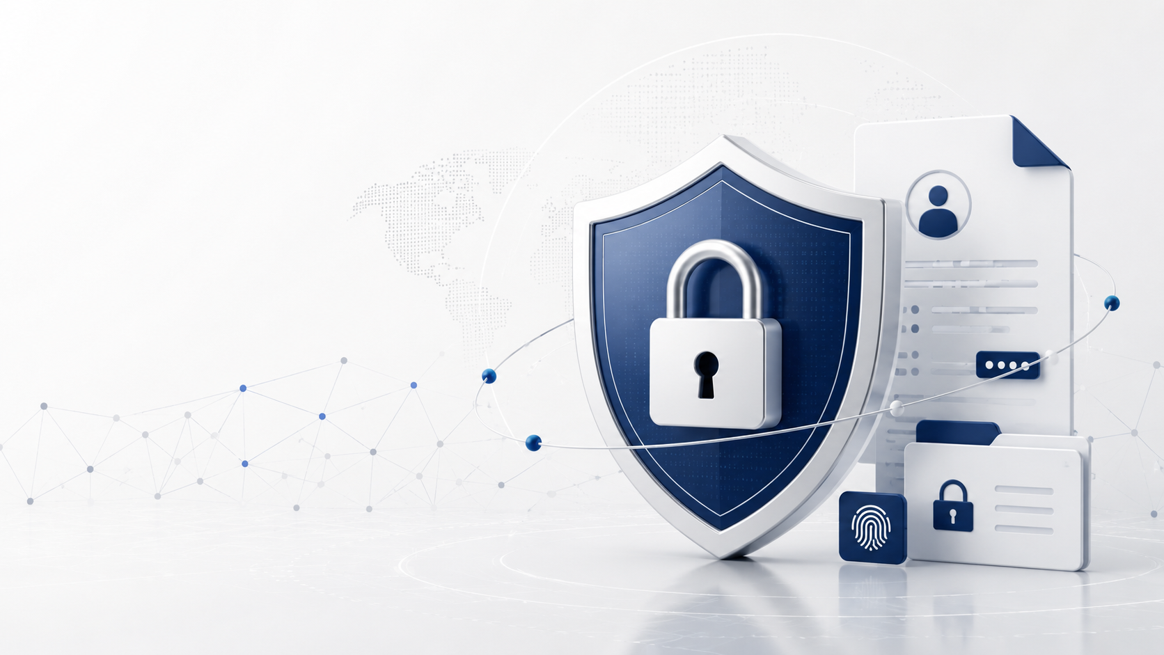 A digital illustration of a security shield with a padlock, surrounded by icons of a fingerprint scanner, a user profile, a document with a padlock, and digital network connections, indicating cybersecurity and data protection.