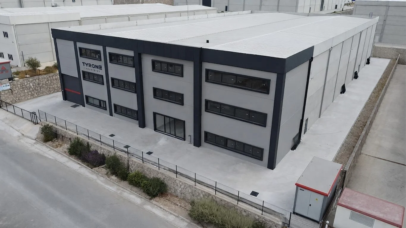 A modern industrial building with black and gray exterior, multiple windows, and a fenced perimeter, labeled 'TYRONZ' with a logo. It appears to be a commercial or manufacturing facility.