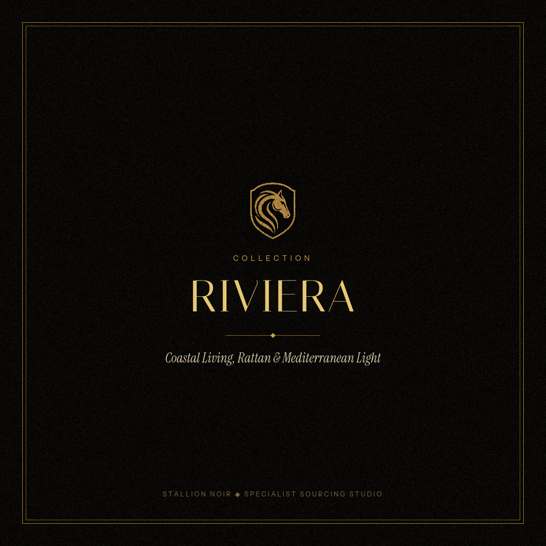 Elegant black and gold packaging design with a crest logo of a horse's head and the text 'Collection Riviera, Coastal Living, Rattan & Mediterranean Light, Stallion Noir, Specialist Sourcing Studio'.