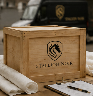 Wooden box labeled Stallion Noir with a horse emblem, pitch papers, and a pen on a table.