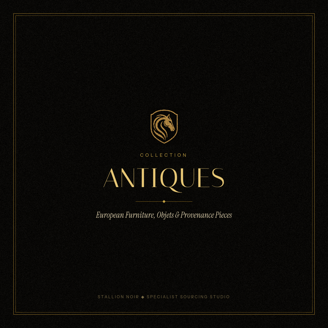 Cover of an antique collection catalog with a black background and gold text, featuring a stylized horse head logo.