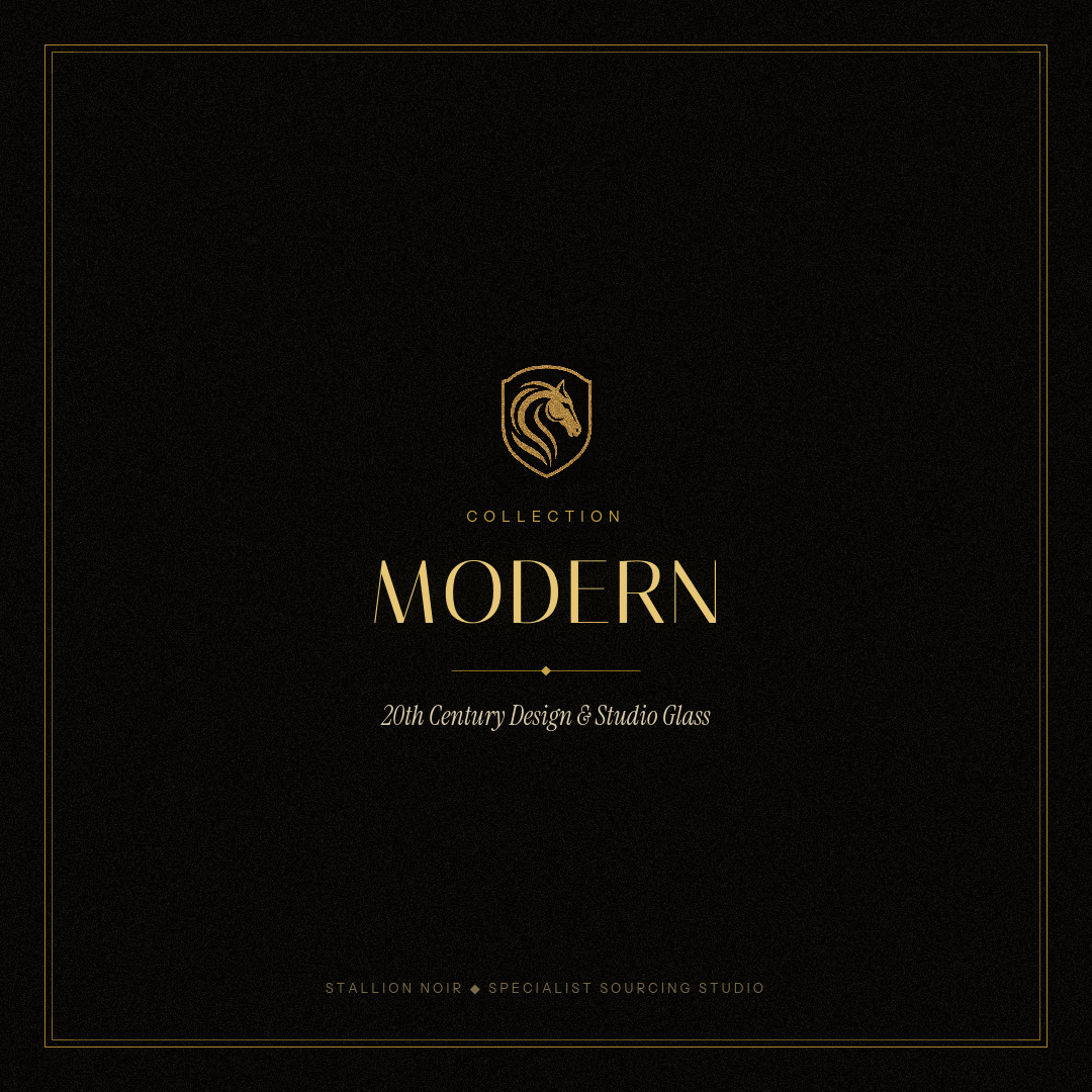 Black and gold packaging design for a product, stating 'Collection Modern, 20th Century Design & Studio Glass, Stallion Noir, Specialist Sourcing Studio' with a horse logo.