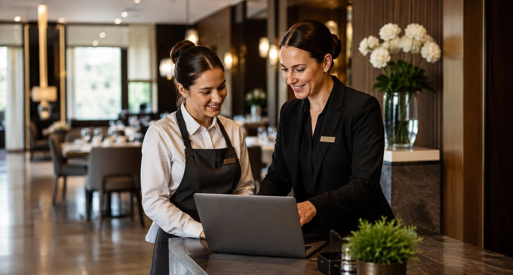 Hospitality manager supporting an employee with an online people-management system