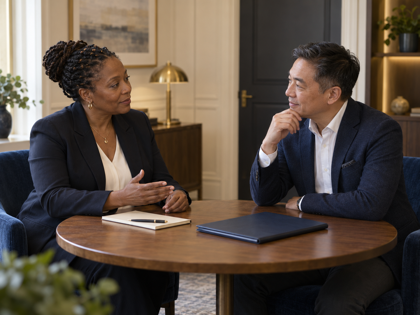 HR adviser discussing a confidential workplace resolution with a business owner
