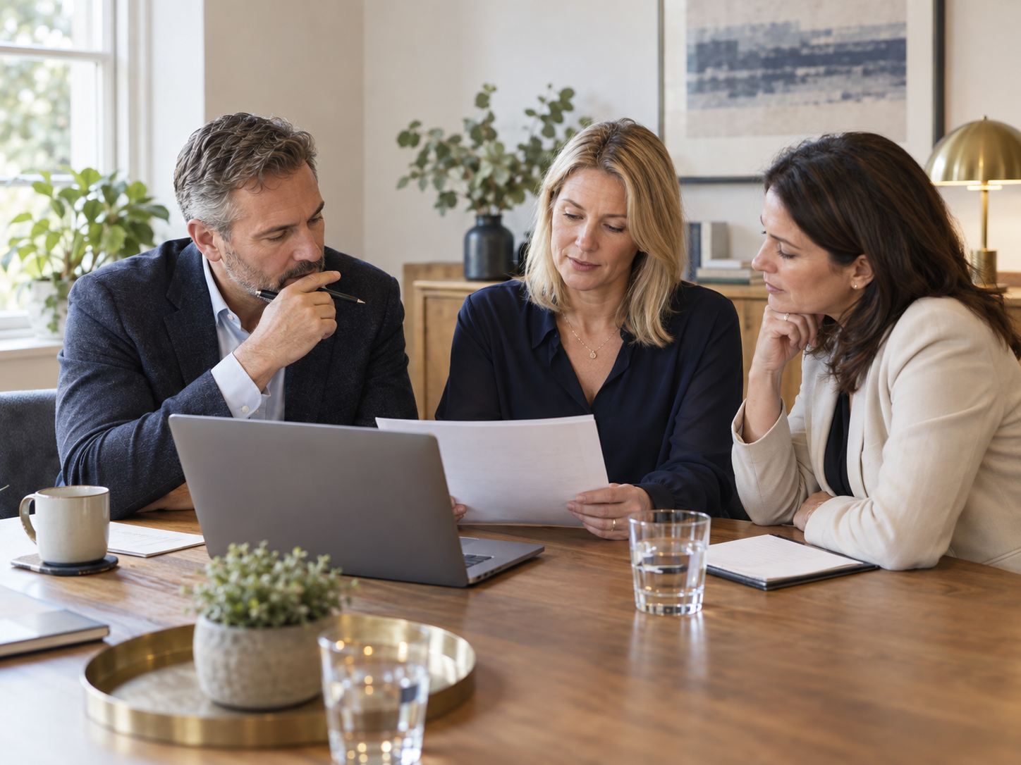 Senior business leaders reviewing an organisational change plan with an HR adviser.