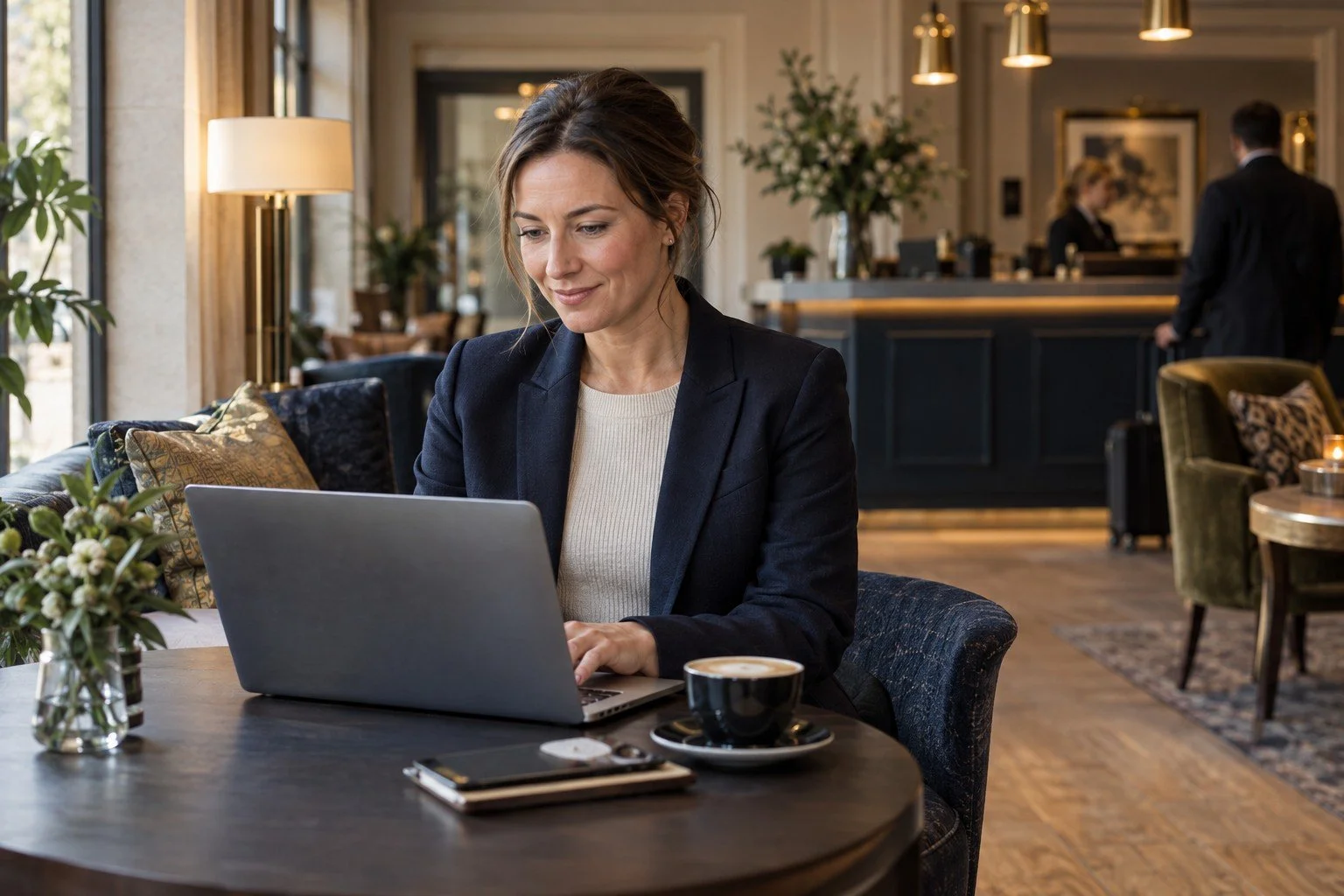 Hospitality manager using a laptop in a hotel, supported by Melford People Partners HR software services