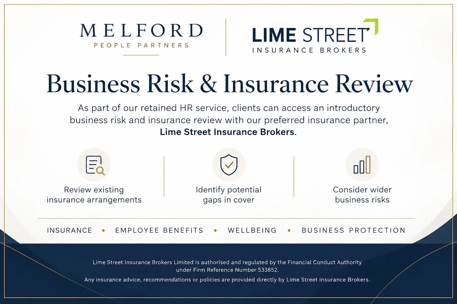 Melford People Partners and Lime Street Insurance Brokers partnership offering a business risk and insurance review for retained HR clients