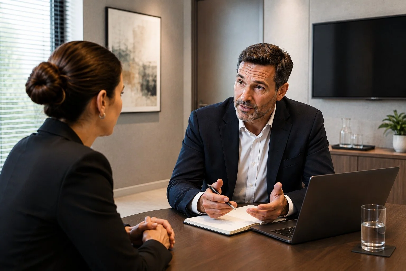 Senior HR professional holding a confidential workplace meeting