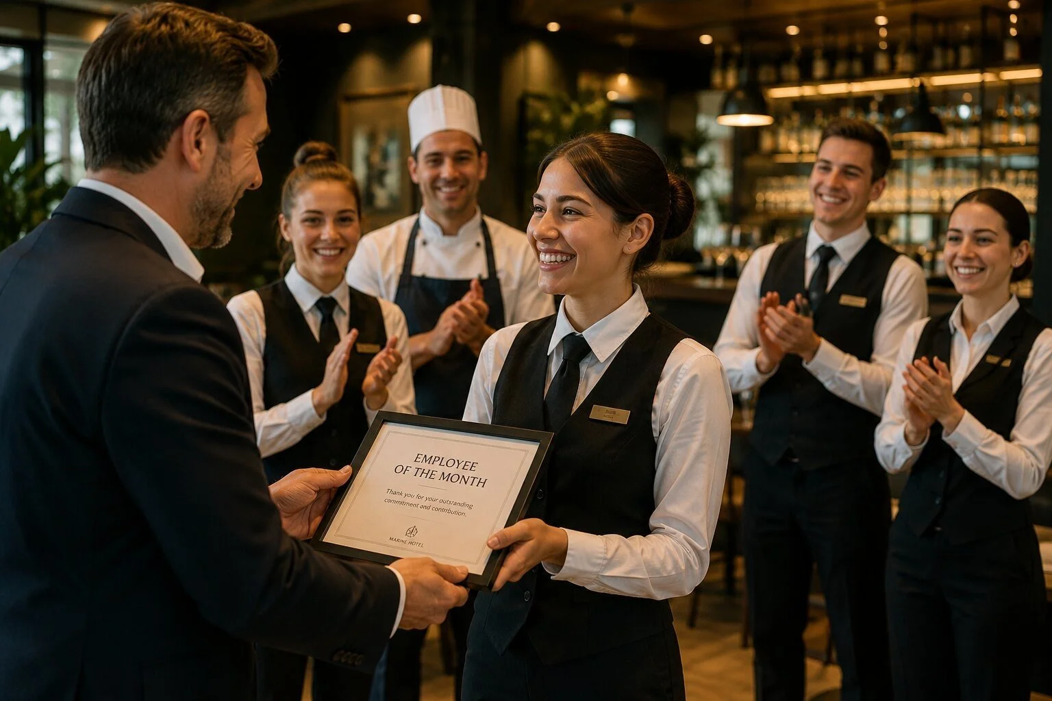 Hotel team celebrating an employee recognition award as part of a positive workplace culture.