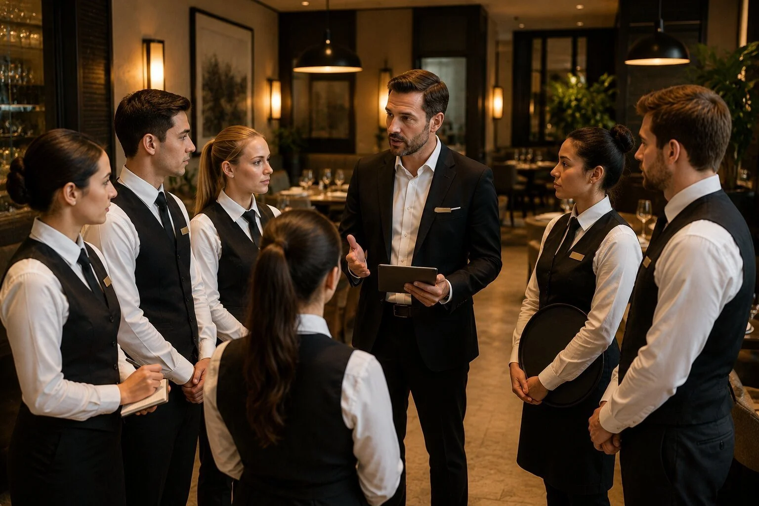 Restaurant manager briefing hospitality team members before service.