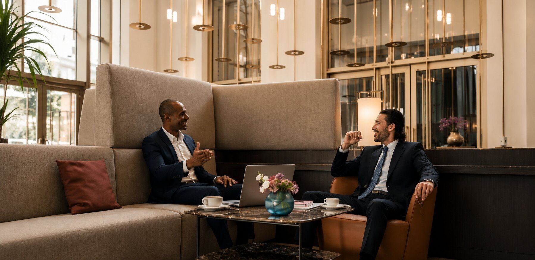 Two business leaders discussing HR strategy in a hotel lounge
