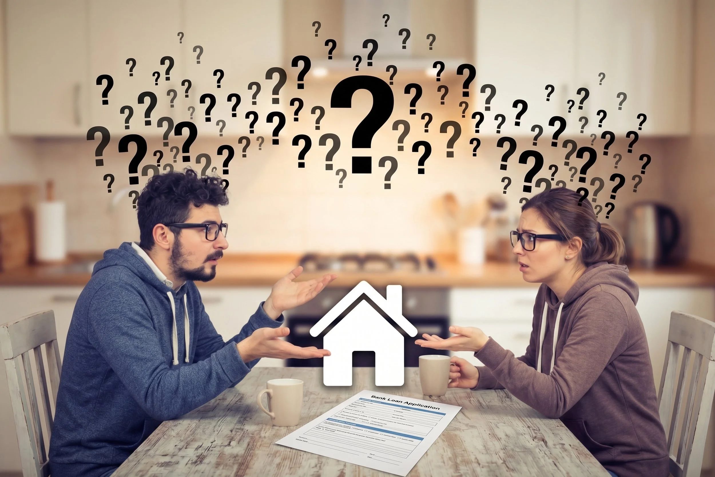 A man and woman sitting across a table from each other with a bank loan application and coffee mugs in front of them, talking and holding a paper house icon with question marks above their heads.