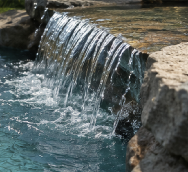 Small waterfall flowing over rocks into a blue pool with clear water.